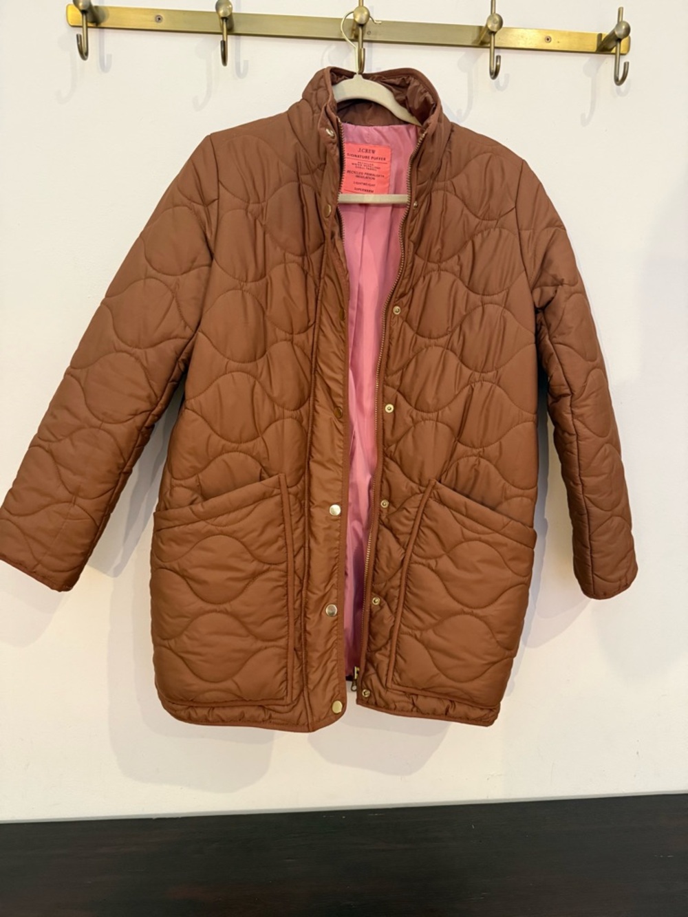 J. Crew Quilted Cocoon Puffer Coat in Nutmeg Brown with Pink Lining